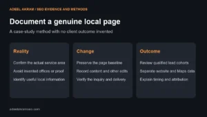 Local page case-study method: confirm service reality, record page changes and review qualified lead outcomes separately from Maps data.