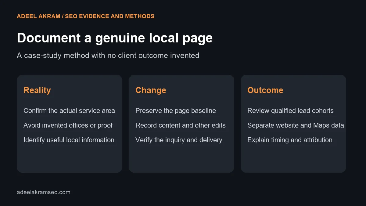 Local page case-study method: confirm service reality, record page changes and review qualified lead outcomes separately from Maps data.