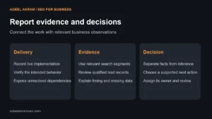 SEO reporting framework: verify delivery, review relevant business evidence and assign the next decision.