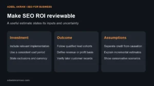 SEO ROI inputs: total investment, verified lead outcomes and explicit attribution assumptions.